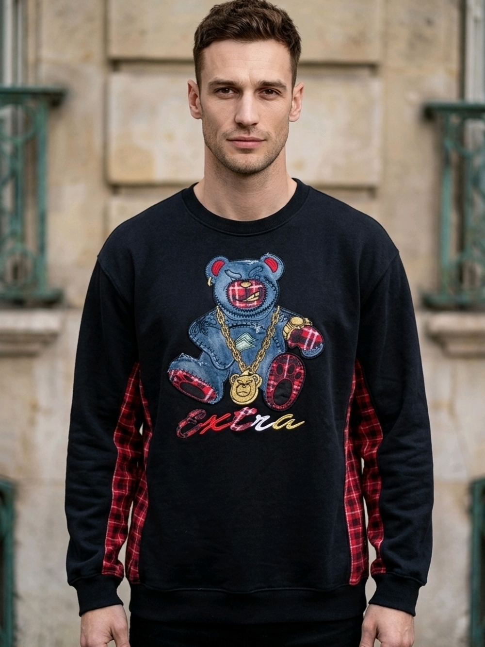 Men's Black Pullover Sweatshirt with Teddy Graphic